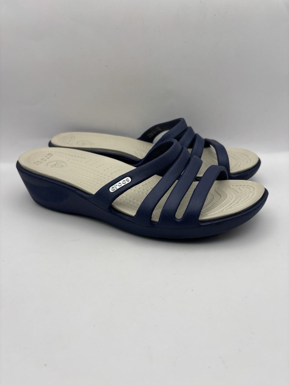 Crocs Rhonda Wedge White And Blue Sandals Women Size 7